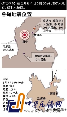 8月3日，救援人員在云南魯?shù)榭h地震現(xiàn)場(chǎng)救援。該地發(fā)生6.5級(jí)地震，為14年來(lái)最大震級(jí)。新華社發(fā)